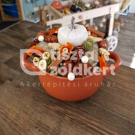 Őszi tál dekoráció-rozsdabarna,szürke bársony tökkel